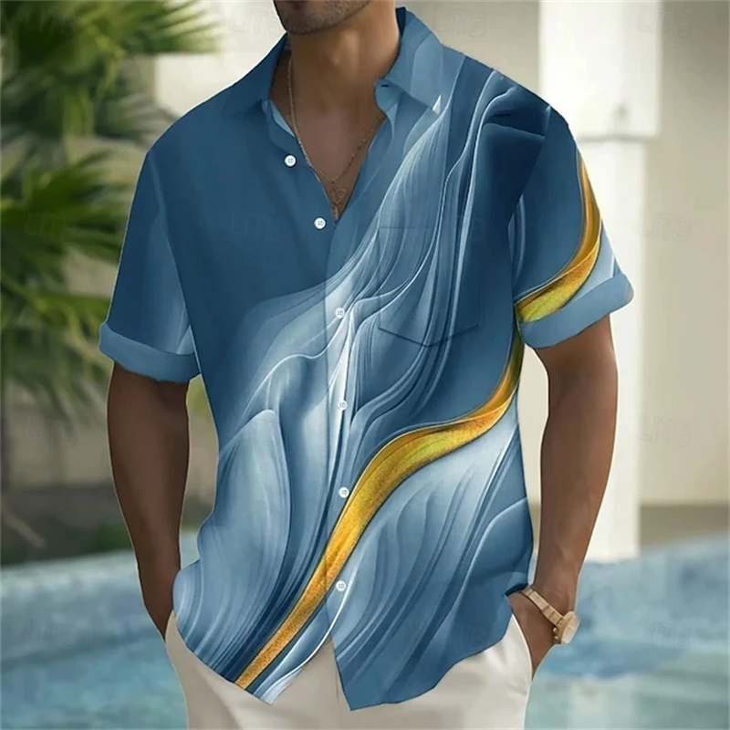 

Colorful Men's Geometric Line Graphic Printed Shirt Summer Tops Button Shirts Short Sleeve Fashion Summer Women Casual Blouse