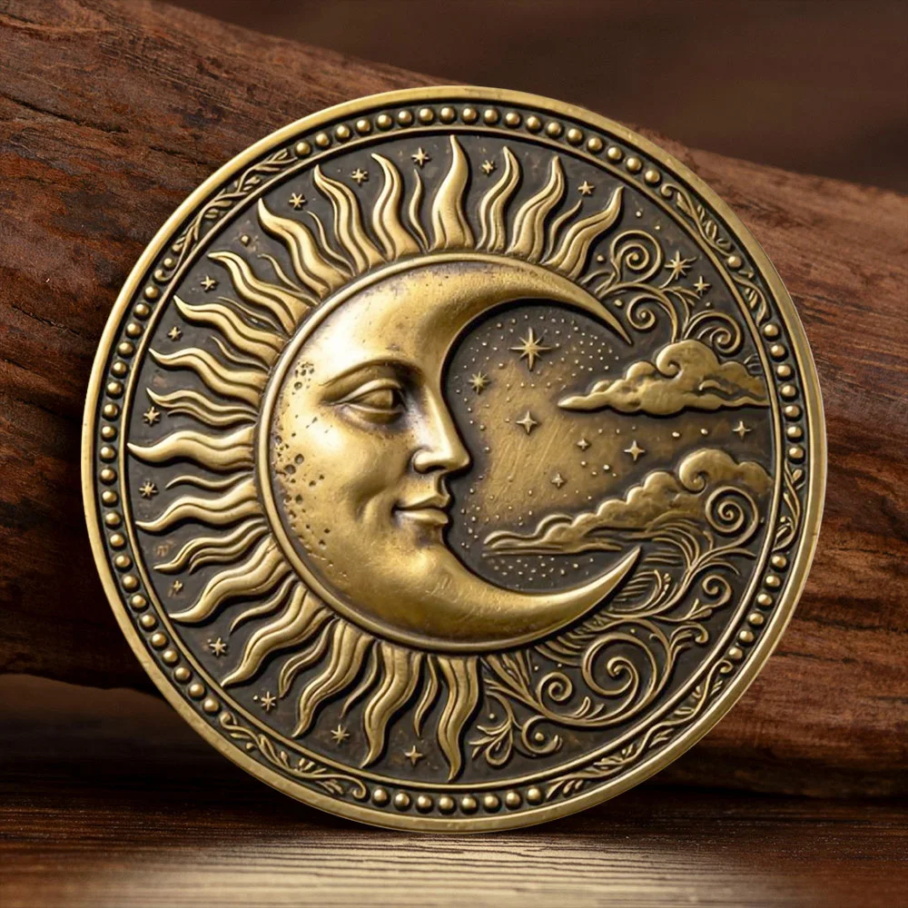 Vintage Sun & Moon God Bronze Plated Commemorative Coin 2D UV Tarot Collectible Challenge Coin Souvenir Gift