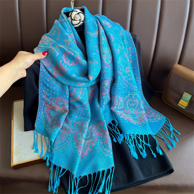 Luxury Embroidery Cashmere Winter Scarves Women Pareo Cape Warm Muslim Modal Hijabs Shawl Chunky Headscarf Ladies Elegant Poncho view 5