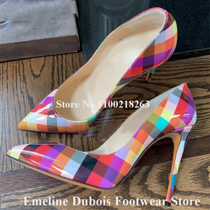 Multi-colors Checkered Pumps Emeline Dubois Sexy Pointed Toe Patent Leather Plaid Stiletto Heel Dress Shoes Slip-on Heels