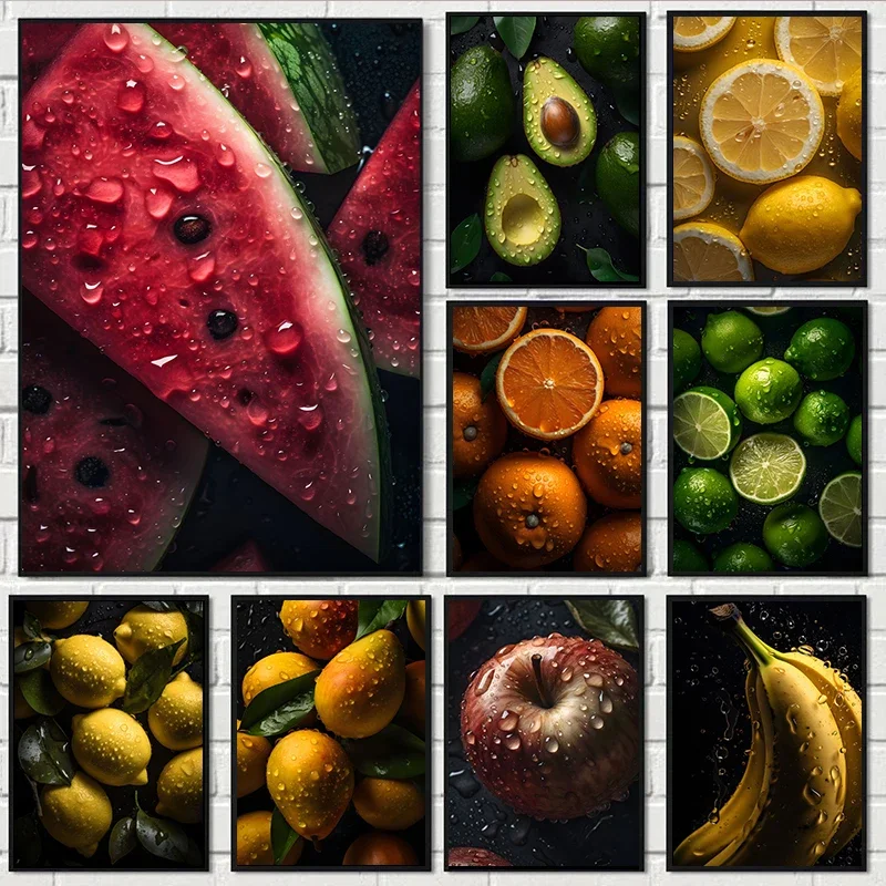 Pinturas en lienzo de cocina de frutas sabrosas, póster de sandía, plátano, manzana y limón, imágenes artísticas de pared para decoración del hogar y la cocina, Cuadros