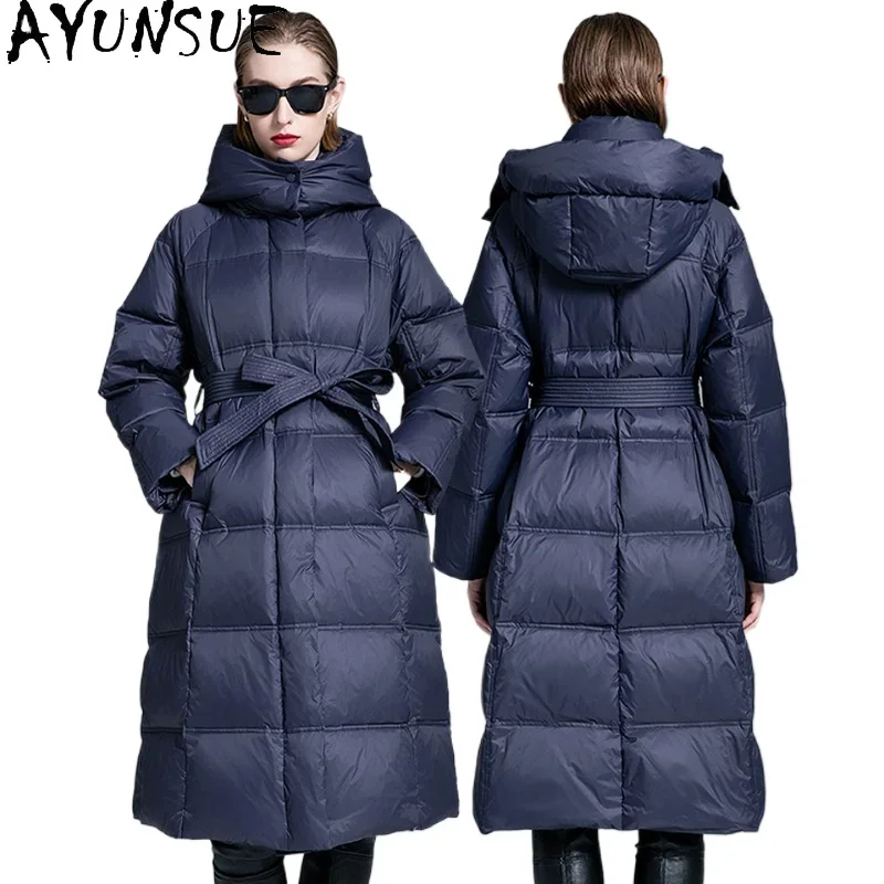 AYUNSUE White Duck Down Puffer Jacket Women Plus Size Outerwears Long Down Coats with Hood Winter Warm Clothes Пуховики 2024