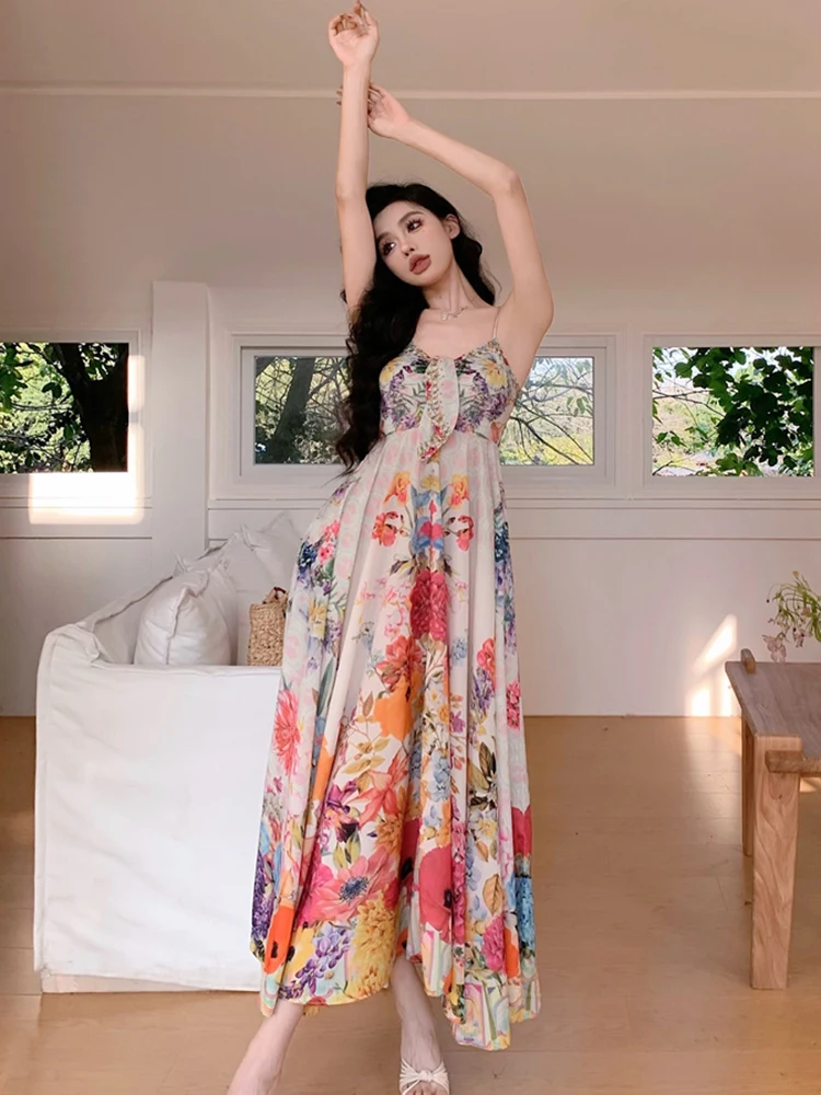 2025 New Boho Floral Chic Bow Sling Sexy Long Dress Summer Elegant Luxury Party Evening Dress Women Korean Bodycon Casual Dress