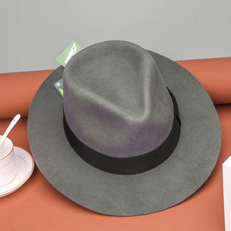 LIHUA Brand 100% Wool Bowler Hat, Men Women\'s Big Head Jazz Hat Black Gray Brown Color Party Fashion Males Fedora Hat