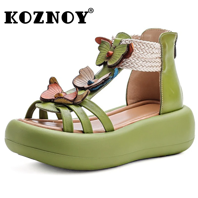 Koznoy/женские ботинки из коровьей кожи на плоской подошве с цветочным узором, летние сандалии Мэри Джейн на танкетке на платформе, туфли-лодочки на полой молнии