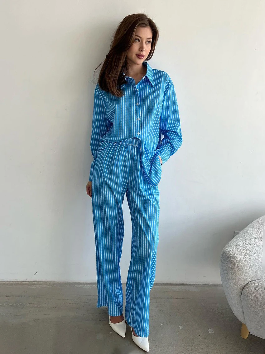 

Marthaqiqi Blue Striped Ladies Pajamas Suit Long Sleeve Nightgowns Turn-Down Collar Sleepwear Pants Fashion Female Nightwear Set