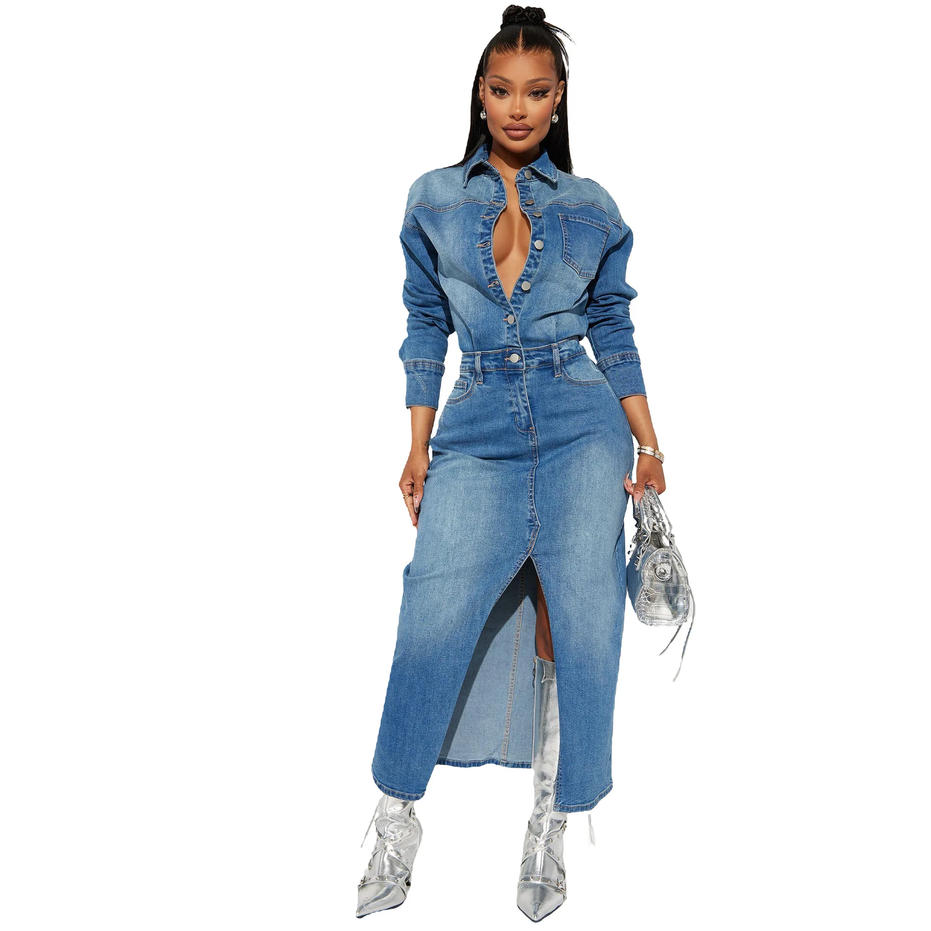 Dresses Single Breasted Denim Ankle Length Dress Turn Down Collar Casual Slim Fit Wrap Buttocks Spliced Button Solid Sheath