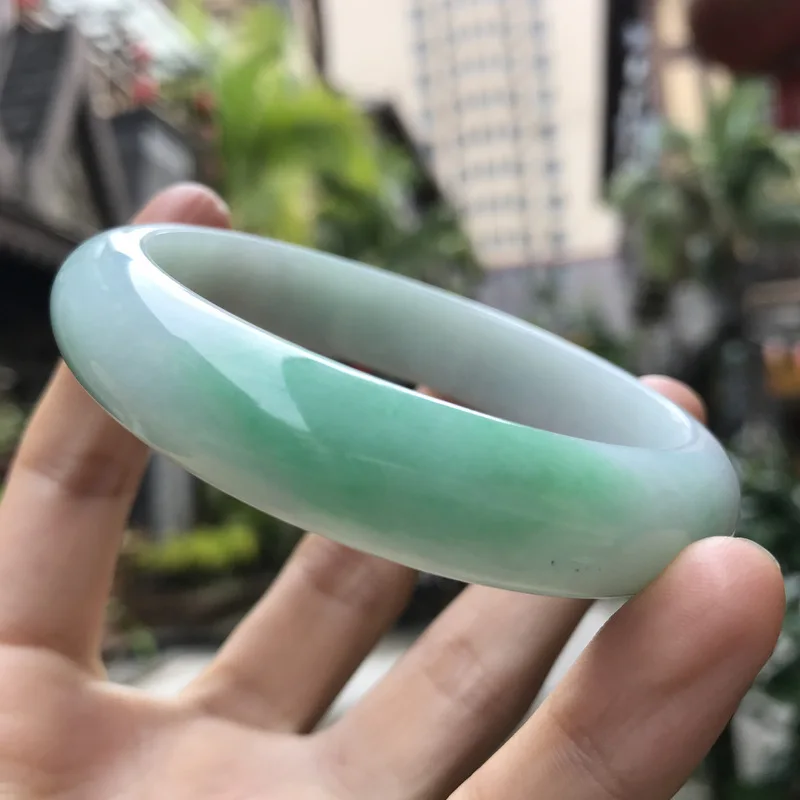 Natural Burmese Jadeite Jade Bracelet, White Base with Green and White Flower Pattern, Women's Jadeite Bracelet, Jewelry Gift