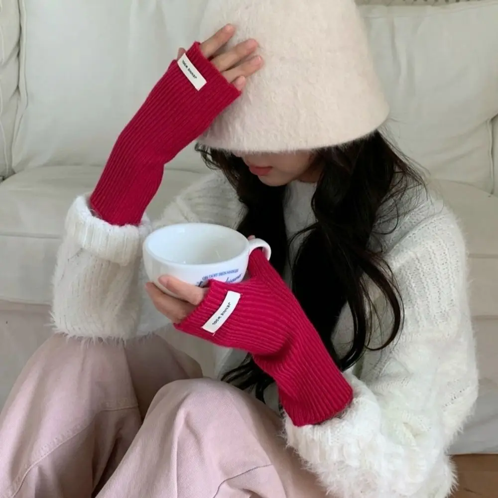 

Fashion Solid Color Knitted Sleeve Gloves Long Fingerless Gloves Simple Elastic Winter Warm Gloves For Women Girls