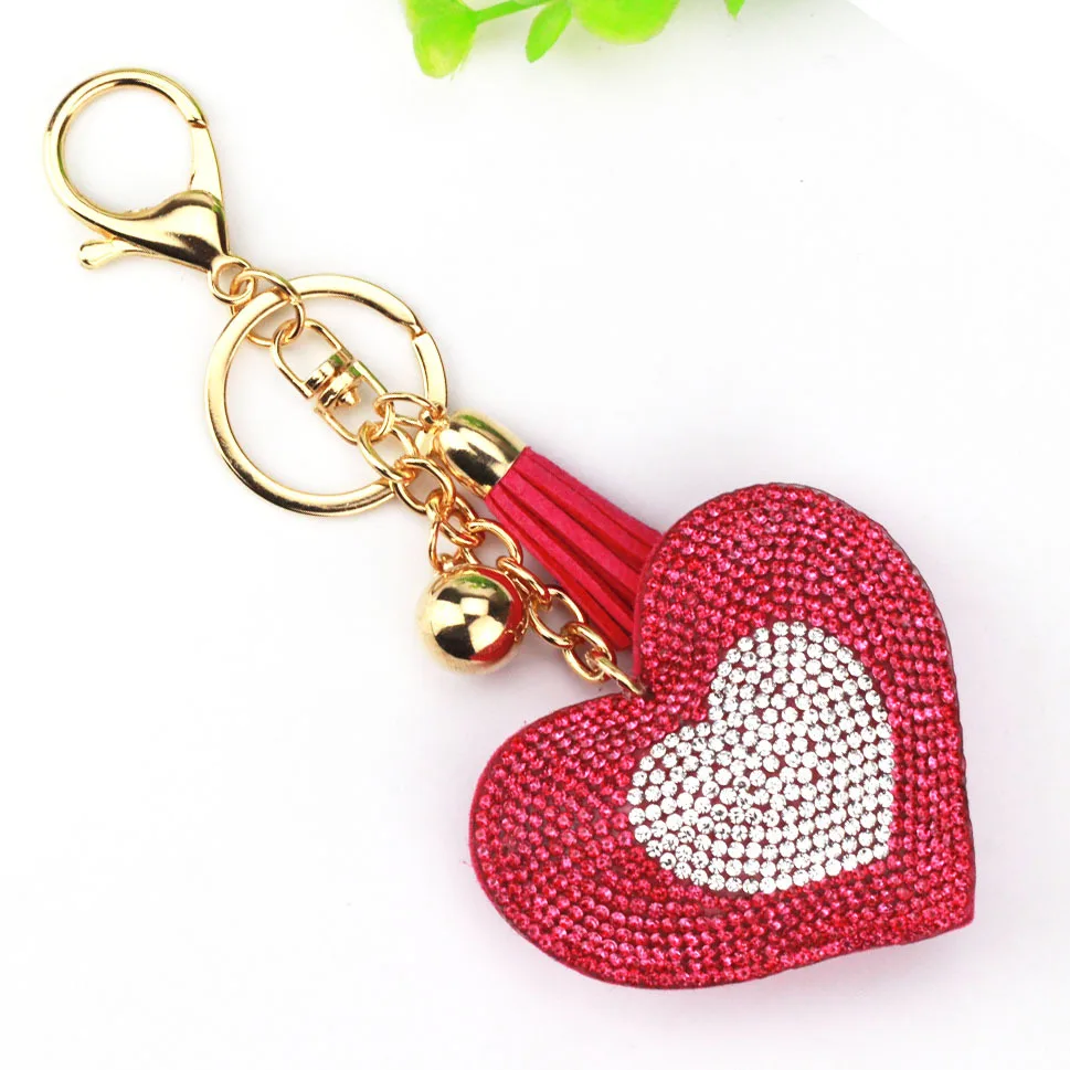 Double Heart Keychain Gold-Plated Leather Tassel Holders Metal Crystal Key Chains Keyring Charm Bag Car Pendant Gift