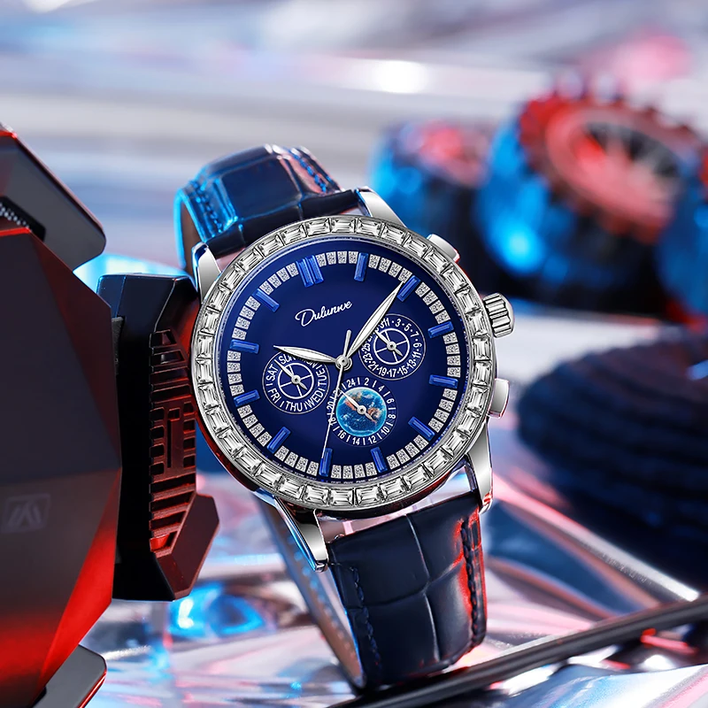 Dulunwe ساعة ميكانيكية مستديرة فاخرة التقويم أسبوع 24 ساعة نظام مضيئة مؤشر مقاوم للماء ساعة رجالي Montre Homme Reloj