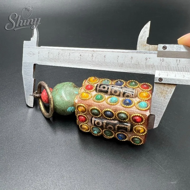 Antique Collection: Nepalese Tibetan Black Iron Meteorite Inlaid with Multi-treasure Heavenly Bead Hand-held Decorative Piece.