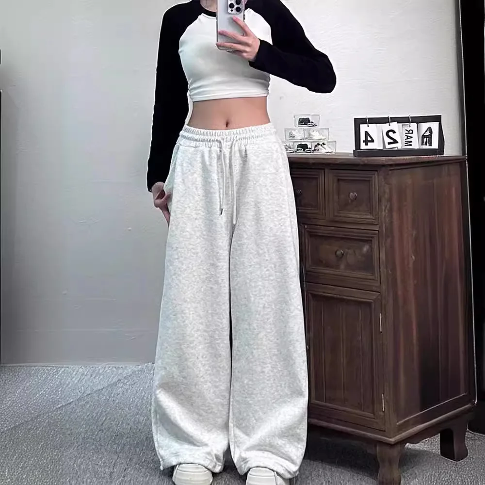 

Женские светло-серые меланжевые широкие спортивные брюки оверсайз, свободные джоггеры с высокой талией на шнурке, повседневная домашняя одежда