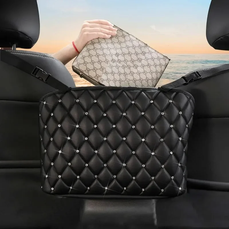 Car Purse Holder Between Seats Car Organizer PU Leather Universal Car Storage Net Bag Auto Seat Back Organizer Large Capacity