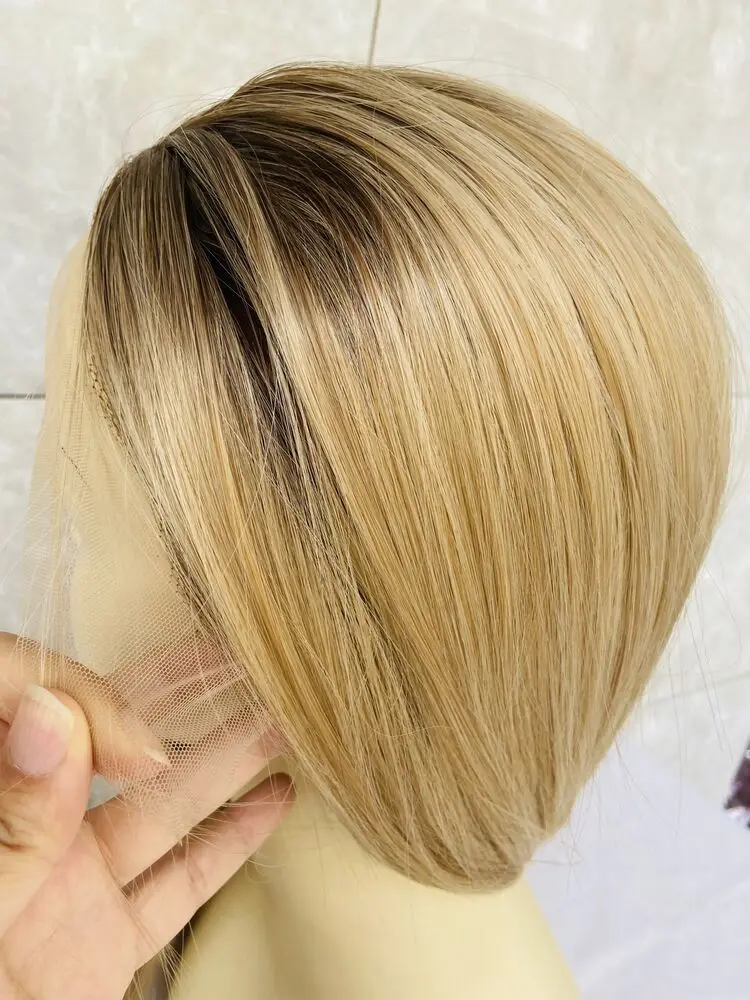 Peluca de cabello humano con encaje frontal, pelo liso con raíces oscuras, mezcla de rubio caliente