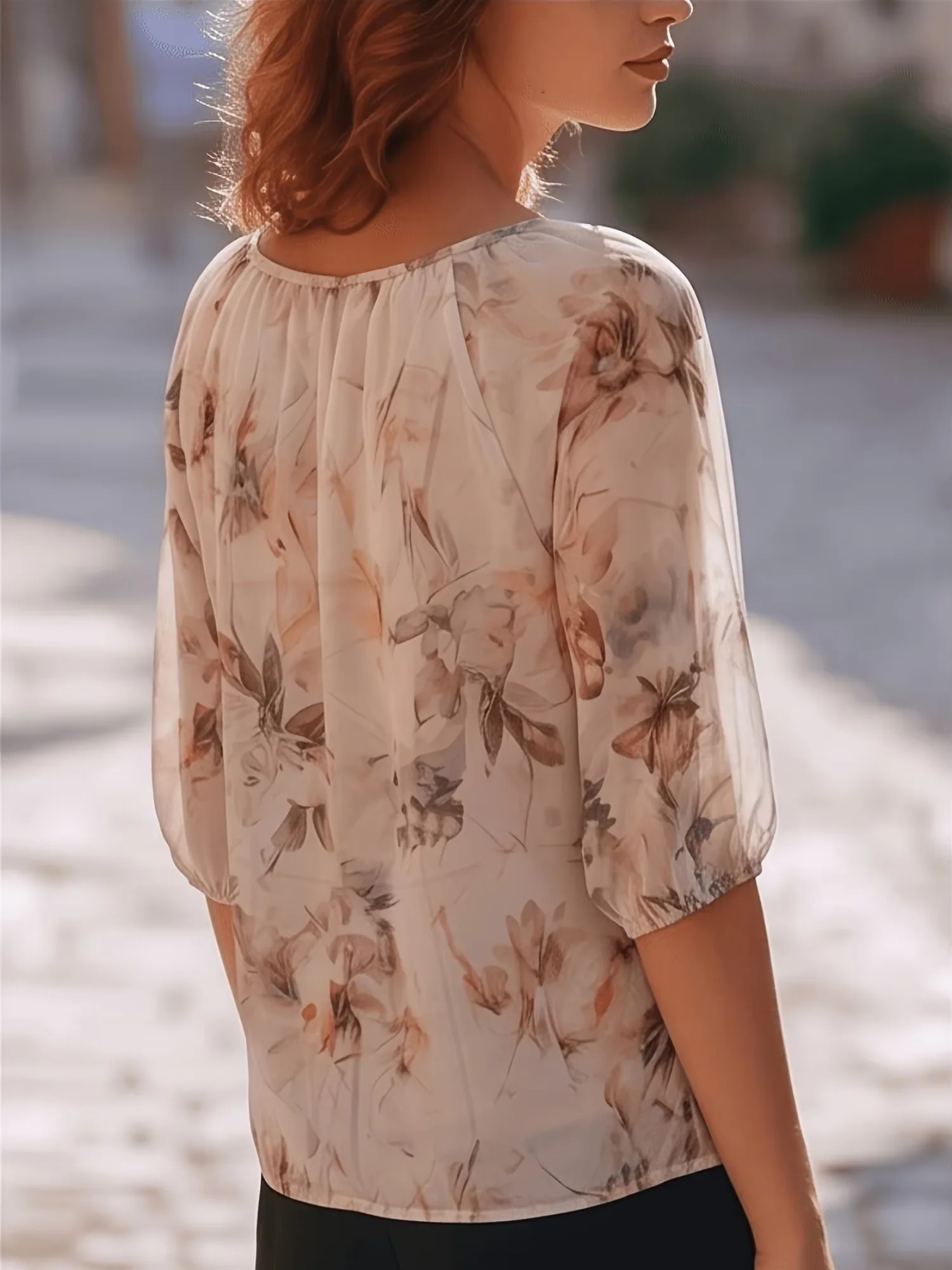 Women's Watercolor Floral Chiffon Shirt Semi-Transparent round Neck Puff Sleeves Elegant Casual Daily Top