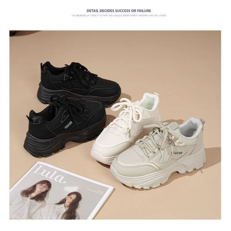 

2026 Spring Women unky Dad Sneakers Soft Cushion Leather Waterproof Platform Casual Shoes Lace-Up Streetwear Trendy Footwear