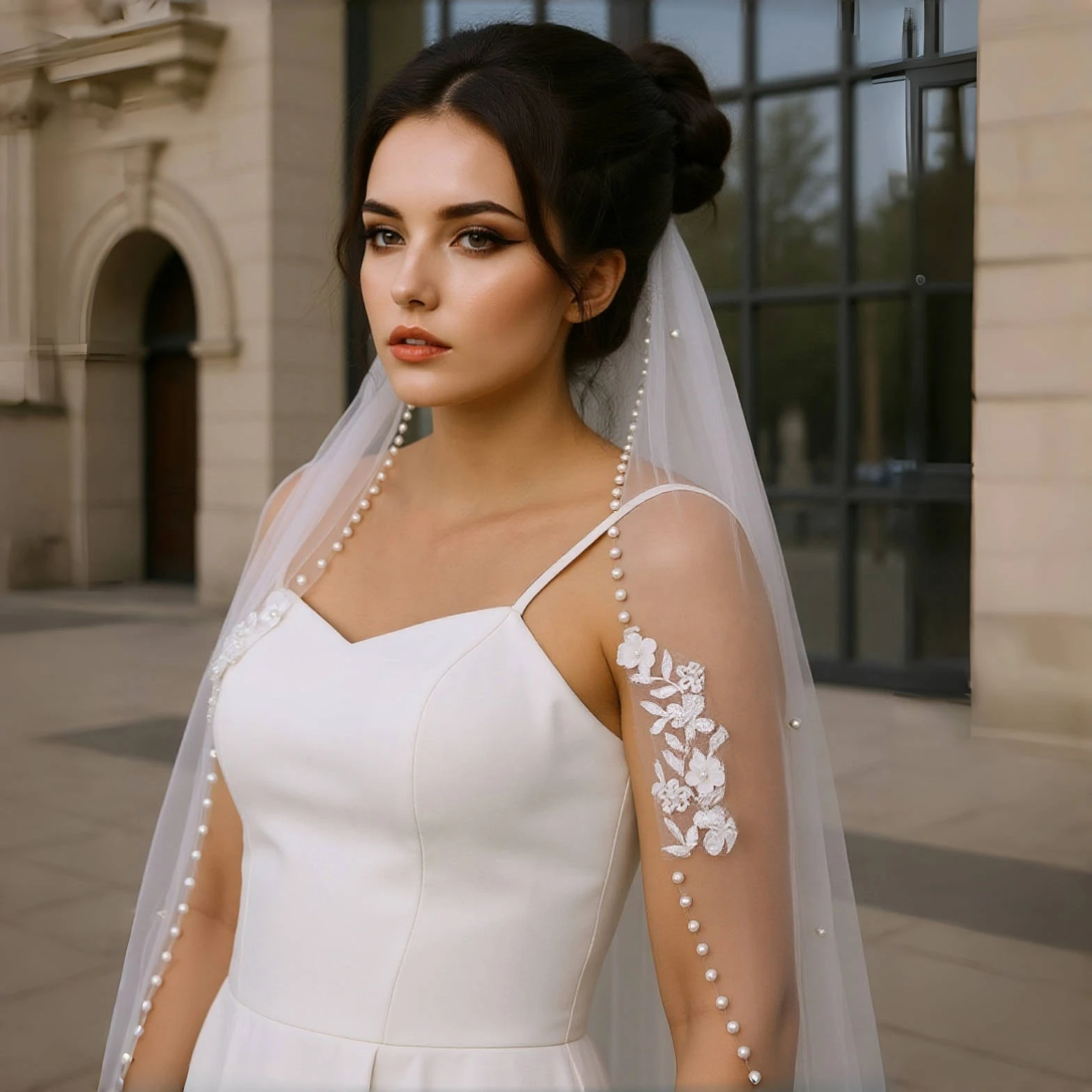 

Короткая фата, элегантная свадебная фата с жемчугом и цветочным принтом, расшитая бисером, кончик пальца, с расческой, аксессуары из мягкого тюля для невесты G241