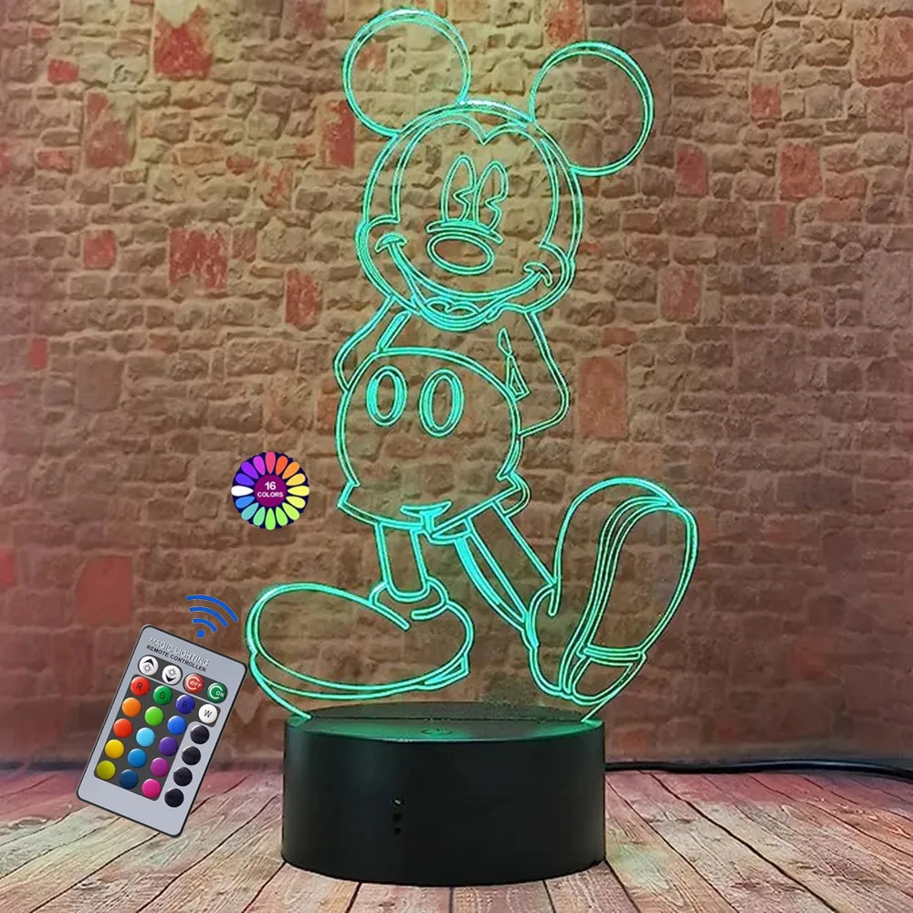 Mickey Minnie Anime 3D Acrylic Night Light with Remote 16 Colors USB Powered Bedroom Decoration Table Lamp Kids Birthday Gift