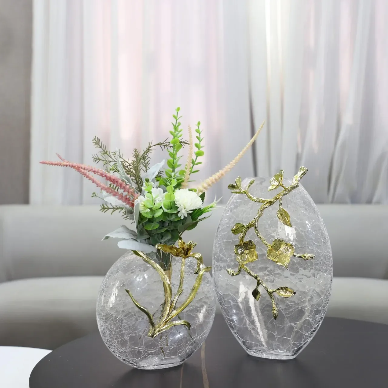 Glass Vase Crack Round Glass Vase Golden Embossed Flower Hydroponic Accessories Terrarium Home Decoration Accessories