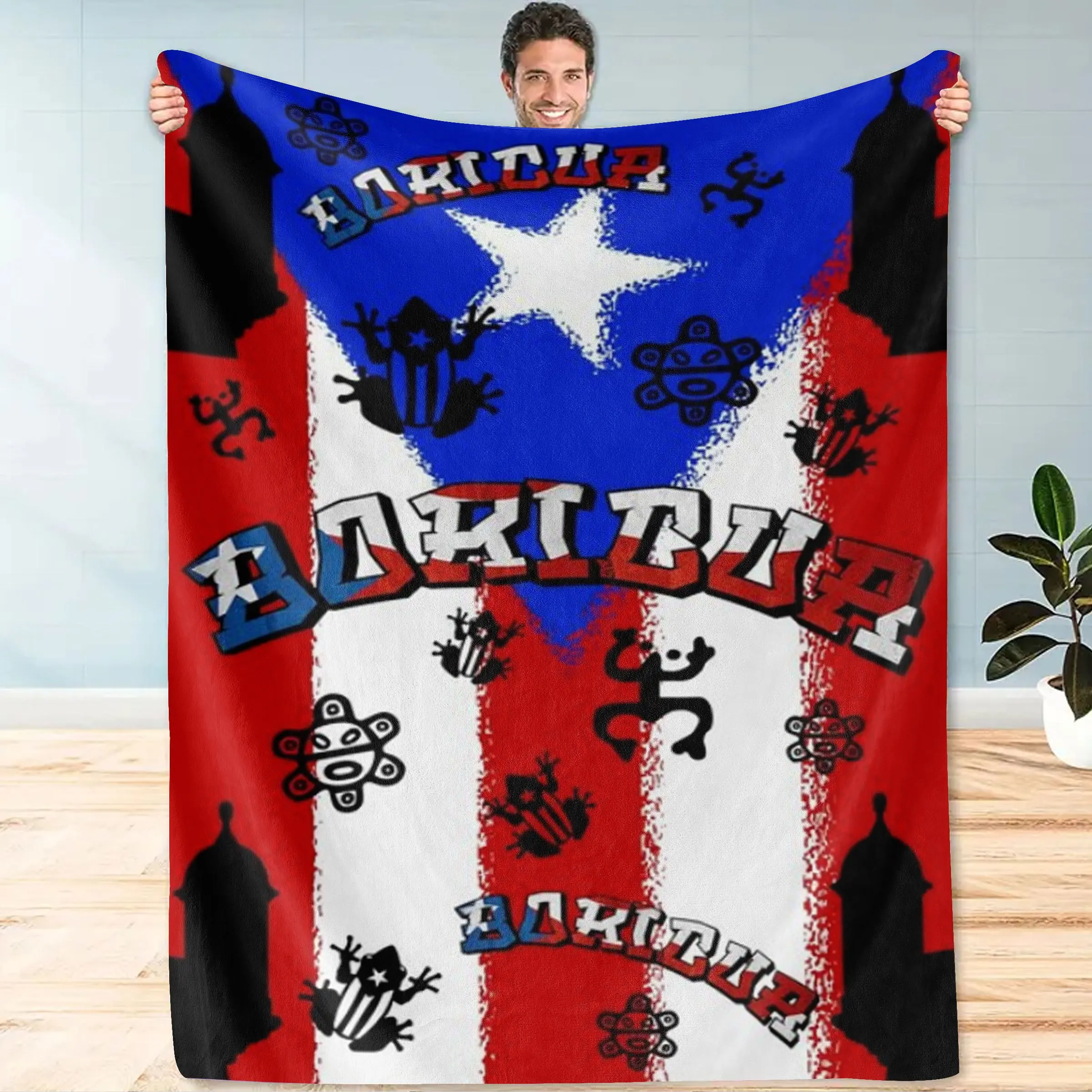 Boricua Ethnic Symbol Flannel Throw Blanket, Red Blue White Stripe Star & Frog Totem Print Soft Blanket for Kids Bedroom Sofa