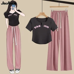 Summer Women's Casual Cozy Clothing Korean Lady Fashion Letter Slim T Shirt Wide Leg Pants Sets 2023 Short Sleeve Tops Trousers