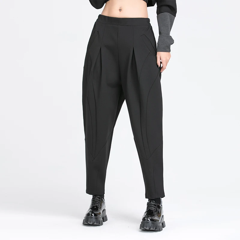 

SuperAen New 2023 Autumn Casual Solid Women Pants Black Patchwork Elastic Waist Loose Harem Pants