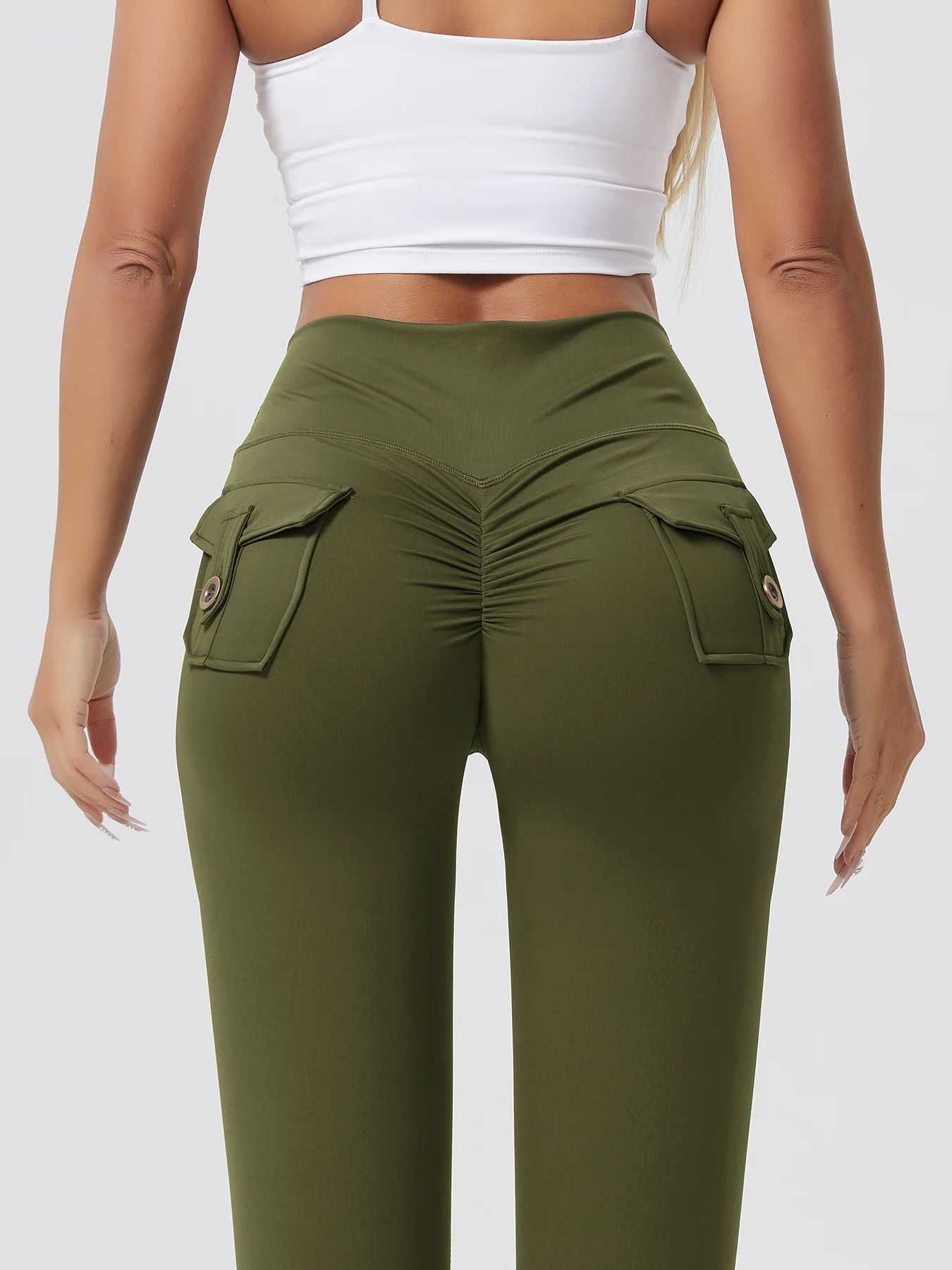 Damskie spodnie fitness z wysokim stanem i kieszeniami Spodnie do jogi Brzoskwiniowe legginsy treningowe Skinny Button Pocket Fitness Legginsy