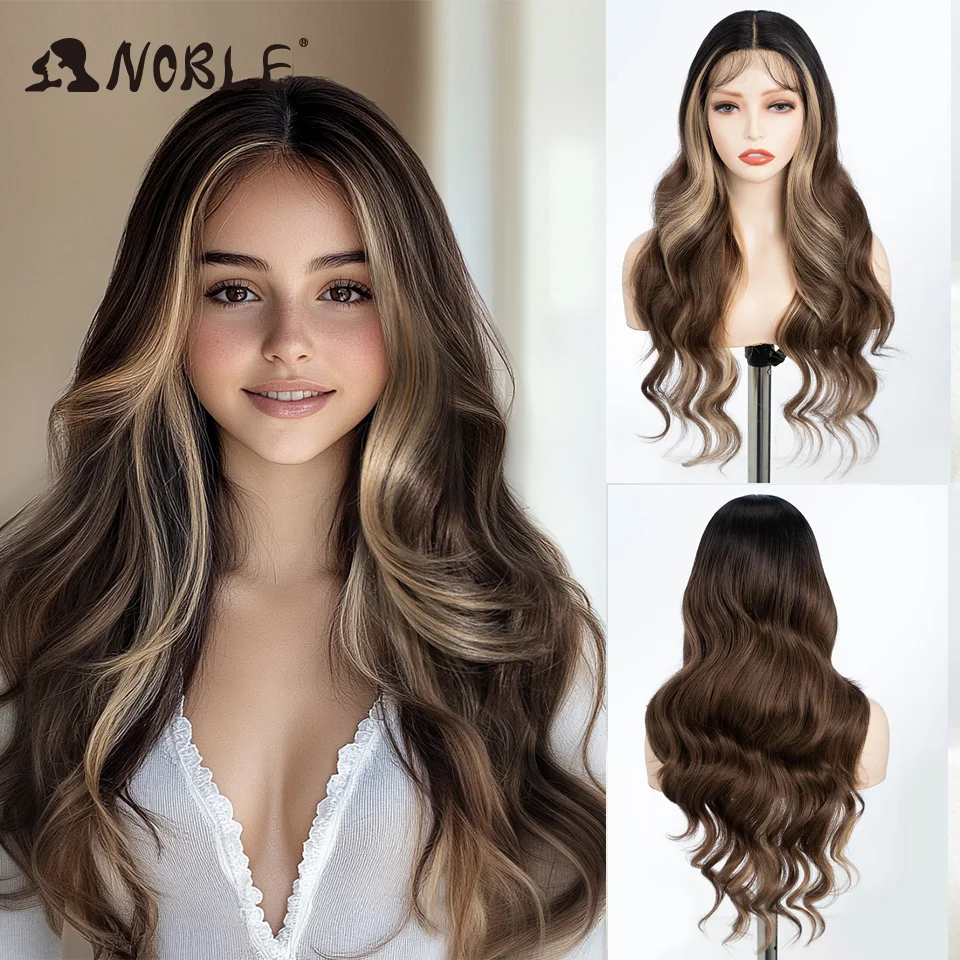 Noble Lace Front Wig Synthetic 28“ Highlight Honey Brown Body Wave Wig Blonde Wigs For Women Lace Wig Synthetic Lace Front Wig