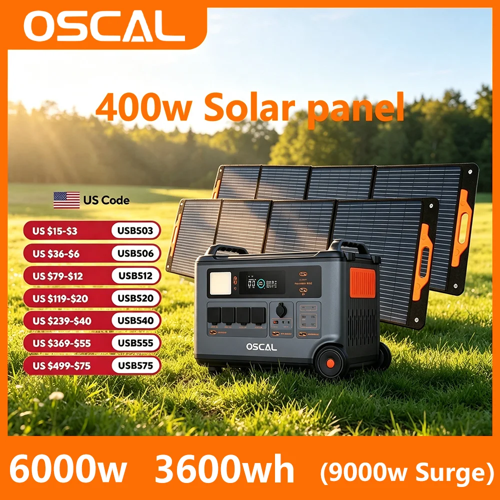 OSCAL PowerMax 6000 Portable Power Station 3600Wh, 6000W/9000W Solar Generator with 2×200W Solar Panels for Home Emergency Camping RV