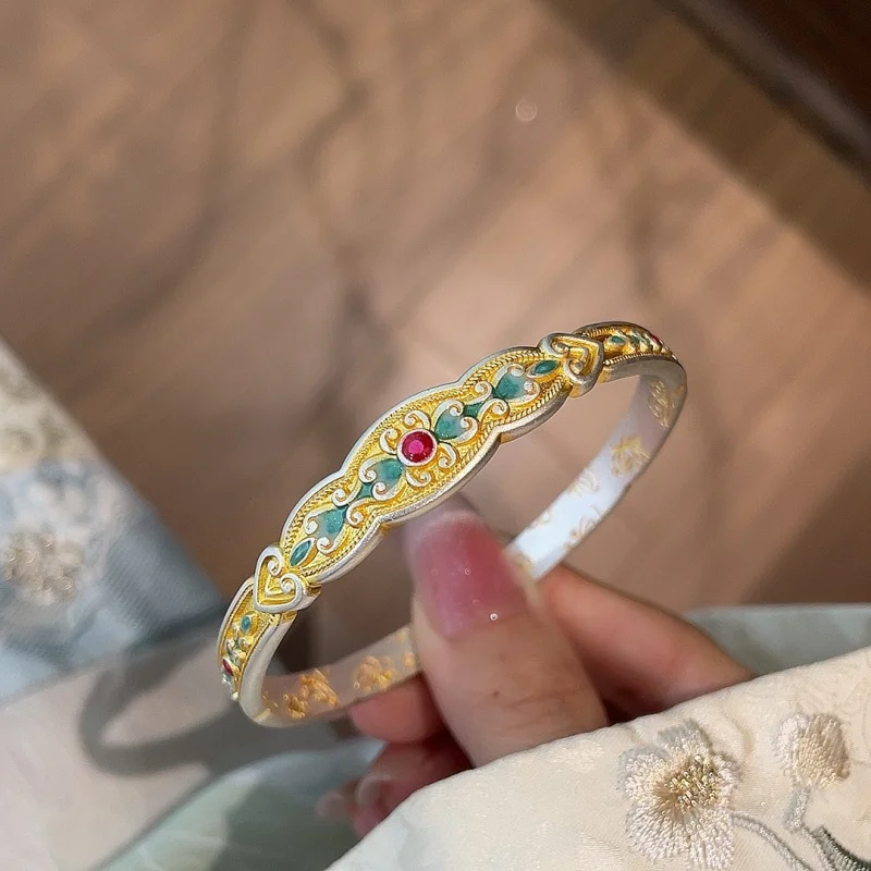 Silver 999.9 Gold-Plated Enamel Ruyi Bottom National Trend Open Solid Bracelet