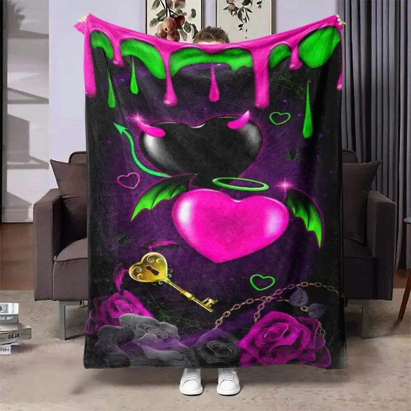 pc Vibrant Heart  Key Design Flannel Blanket  Soft Warm AllSeason Throw with Glittery Pink Hearts Green Leaves and Gold Accents
