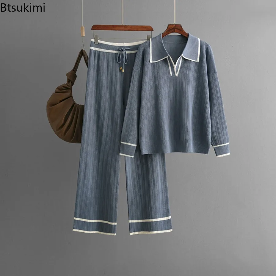 Autumn Winter Knitted 2-piece Sets Women's Turn-down Collar Loose Pullover Tops+High Waist Drawstring Wide Leg Pants Casual Suit