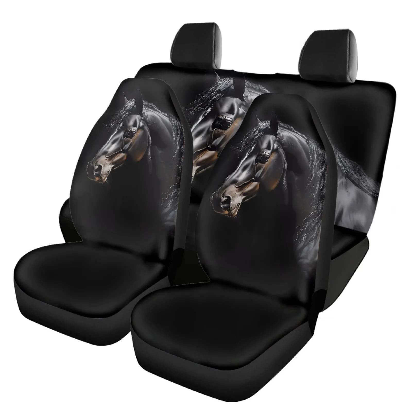 Black Horse Print Front And Back Car Seats Cover Protector Universal Car Seat Covers Full Set Cushion Auto Interior Accessories