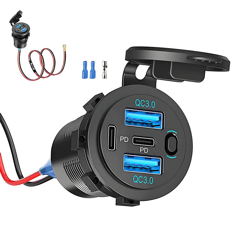 78W Multiport 12V USB Outlet Dual PD 30W & Dual Quick Charge 3.0 Port with Switch Car Charger Socket Waterproof for Marine ATV
