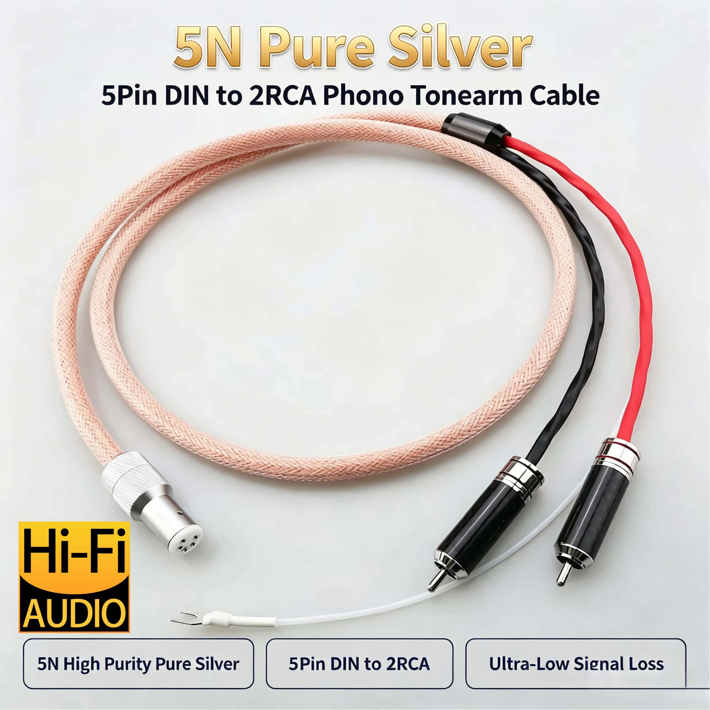 5Pin DIN to 2 RCA Phono Cable Pure Silver Double Shielding Turntable Tonearm Wire with Ground Cable
