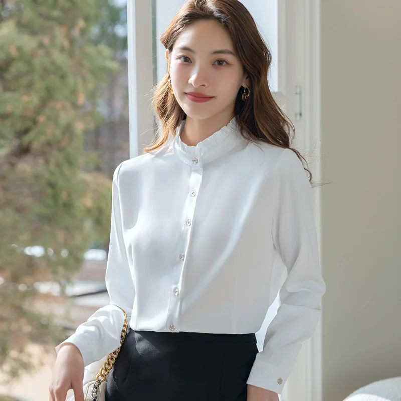 

ENjoyce Spring Fall Vintage Long Sleeve Chiffon Shirts Women Lapel Blouse Office Ladies Workwear Stand Collar Shirt Spring Fall