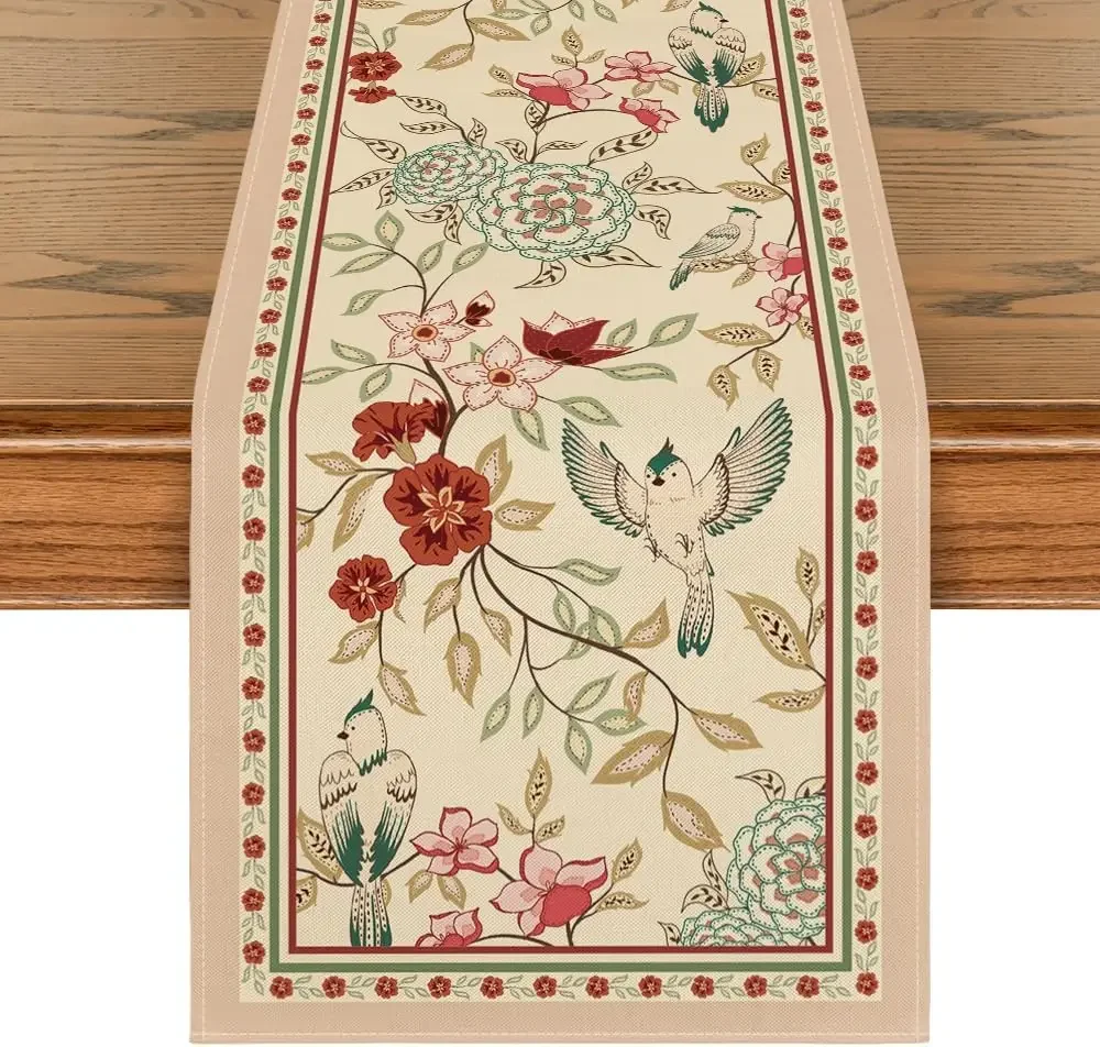 Brown Birds Flowers Blossom Linen Table Runners Dining Room Decor Washable Dining Table Runners Holiday Party Decorations