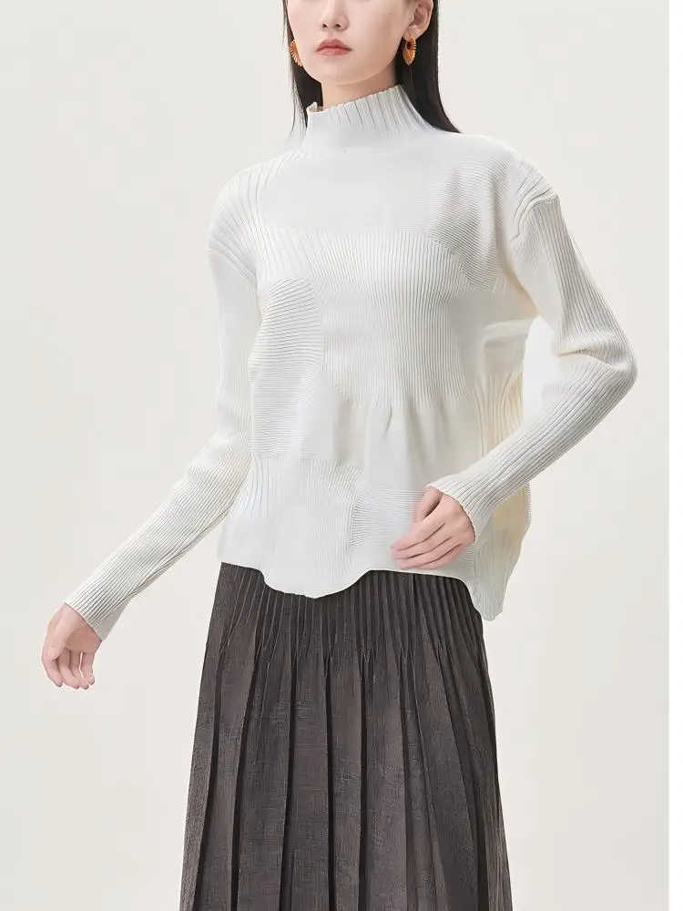 New winter style elegant turtleneck base layer top, layered with irregular pleated knitwear, solid color top
