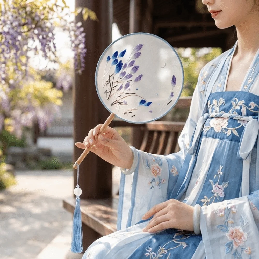 Portable Wooden Handle Double Sided Embroidery Fan Handheld Flower Pattern Embroidered Silk Fan with Tassel Dance Fan Party