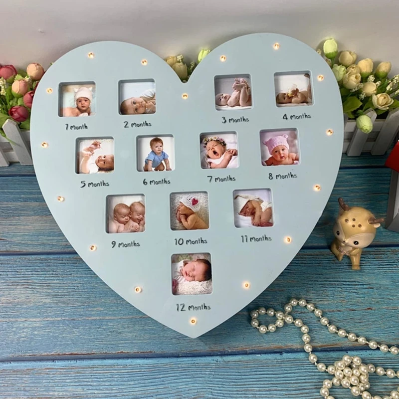 First Year Baby Frame with Light 0-12 Month Pictures Heart Photo Frame Commemorative Growth Souvenirs Kids Dropship