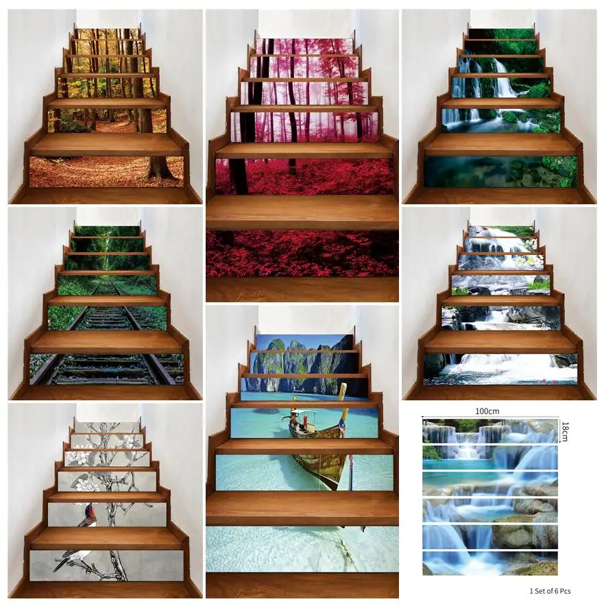 6/13 PCS Jungle Scenery Stair Stickers Stair Riser Decor Stairway Self-Adhesive Vinyl Staircase Upholstery 3D Wallpaper Custom