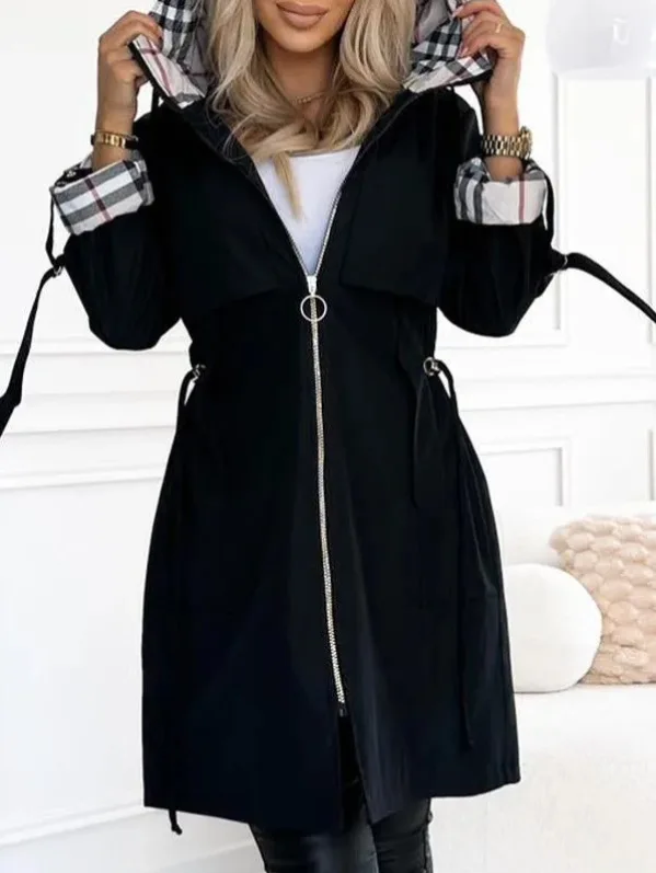 موضة خندق معطف امرأة الخريف الشتاء بلون تنوعا عادية الشارع نمط سترة طويلة الأكمام مقنعين منقوشة ملابس خارجية