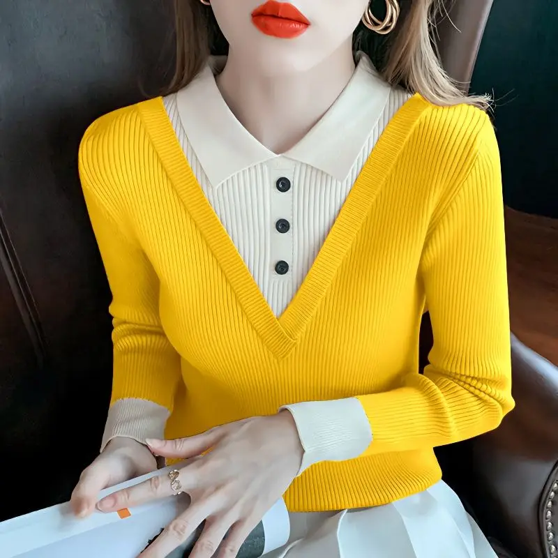 Sweet Lapel Button Spliced Fake Two Pieces Sweaters Women's Clothing 2023 Autumn Winter Loose Casual Pullovers All-match Tops