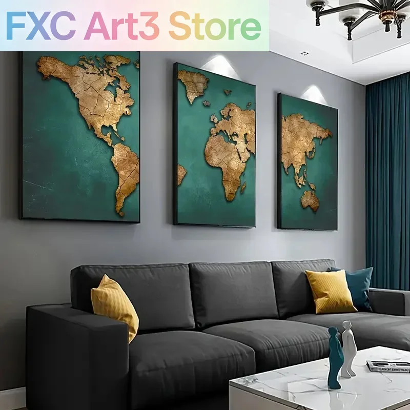 Mapa del mundo retro sin marco, 3 piezas/juego, carteles de lienzo, decoración de pared nórdica, arte de pared, pintura en lienzo, sala de estar, dormitorio, pasillo, decoración de pared D