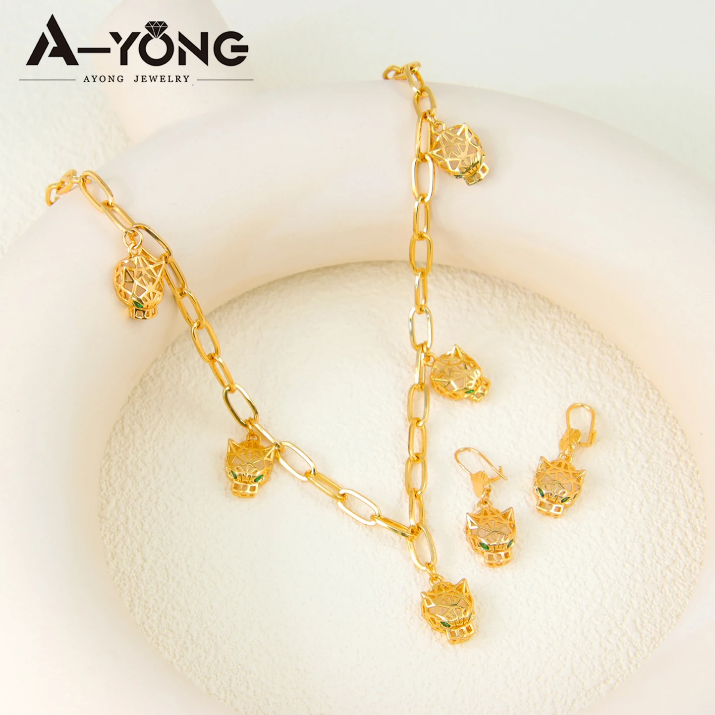 Luxus Gold Farbe Leopard Halskette Armband Ohrringe Set 21 Karat vergoldet Vintage Panther Punk Unisex Dubai Arab vollen Schmuck – Detail 4