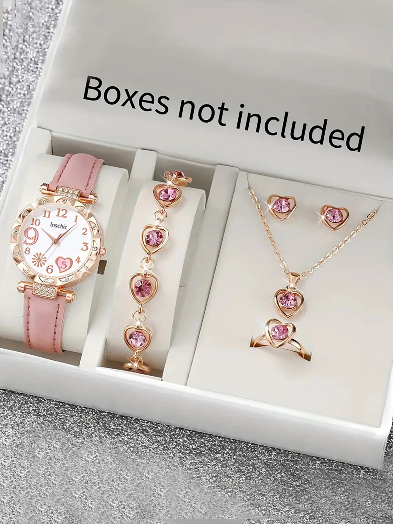 

Women's quartz watch and set of inlaid jewelry, gift with heart-shaped fireworks design, does not include the box
