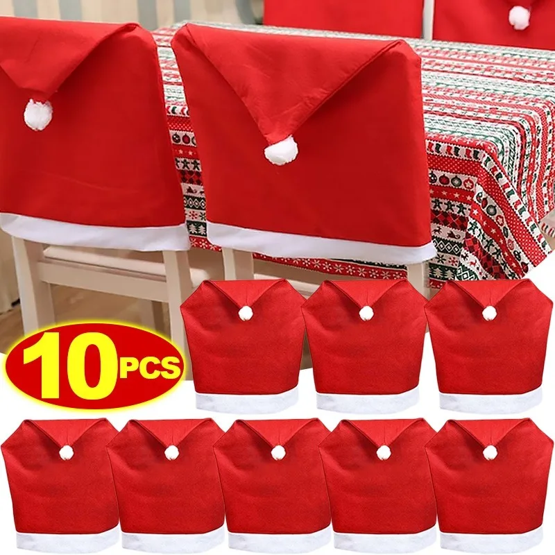 

1-10Pcs Christmas Santa Claus Hat Chair Cover Red Xmas Hat Chairs Covers Table Decoration New Year 2024 Ornaments For Home Party