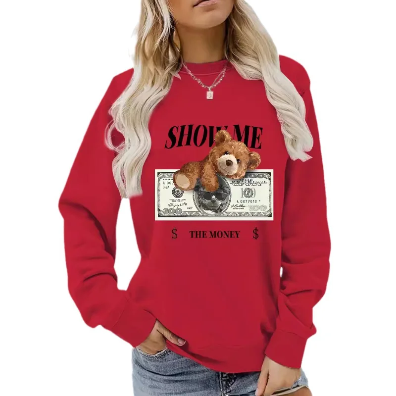 تيدي بير الأوراق النقدية المطبوعة المرأة عارضة طويلة الأكمام جولة الرقبة المطبوعة البلوز البلوز و الدافئة البلوز البلوز #4