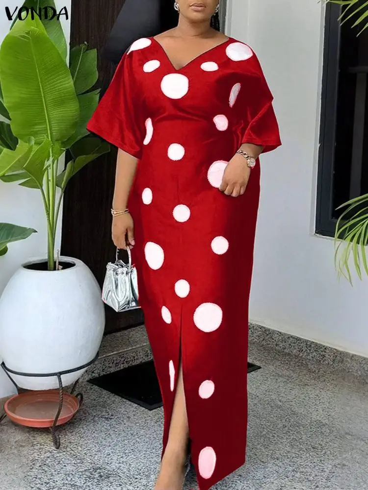 Vestido largo bohemio de talla grande 5XL para mujer, vestido veraniego con estampado de puntos, moda 2025 VONDA, bata de media manga, Vestidos de fiesta holgados informales